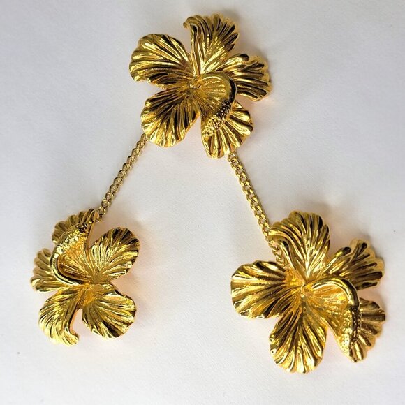 Gold Plated Three Hibiscus Flower Brooch Pin - Picture 3 of 12